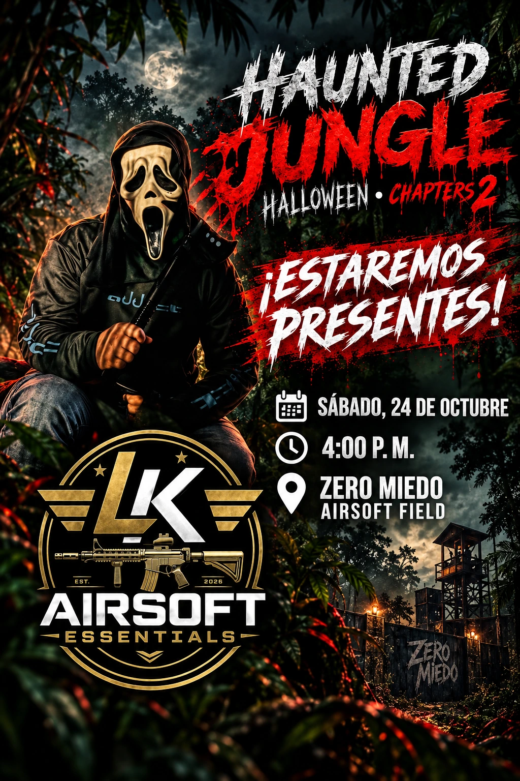 Promoción de Airsoft Essentials: estaremos presentes en Haunted Jungle Halloween Chapters 2, sábado 24 de octubre a las 4:00 p. m. en Zero Miedo Airsoft Field