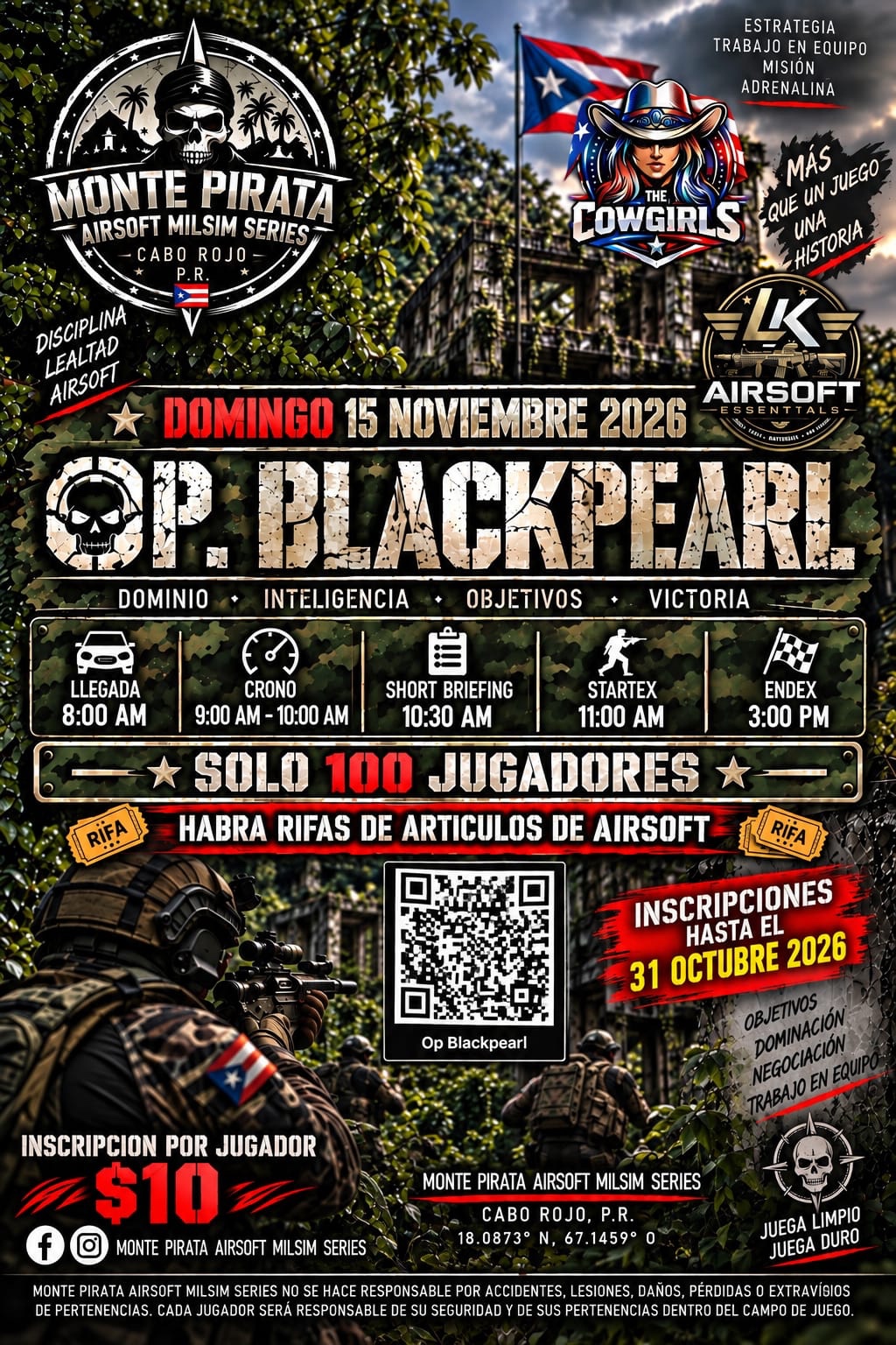OP. Blackpearl en Monte Pirata, Cabo Rojo: domingo 15 de noviembre de 2026, llegada a las 8:00 a. m., inscripción de $10 por jugador y cupo de 100 jugadores